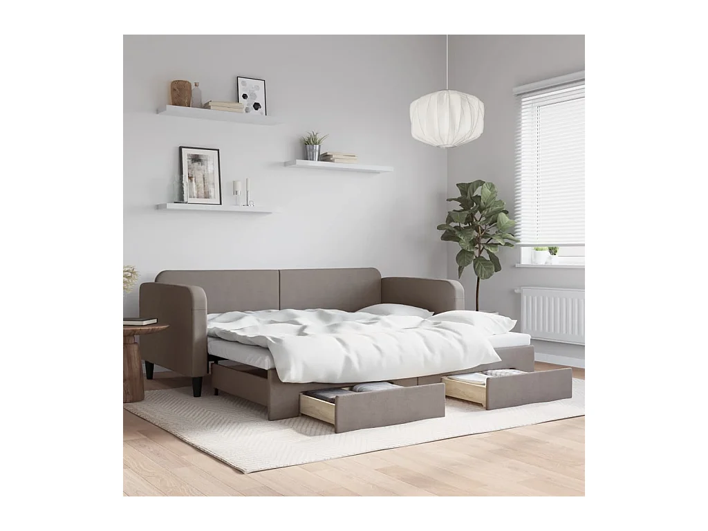 Lit de jour avec gigogne et tiroirs sans matelas taupe 90x200cm
