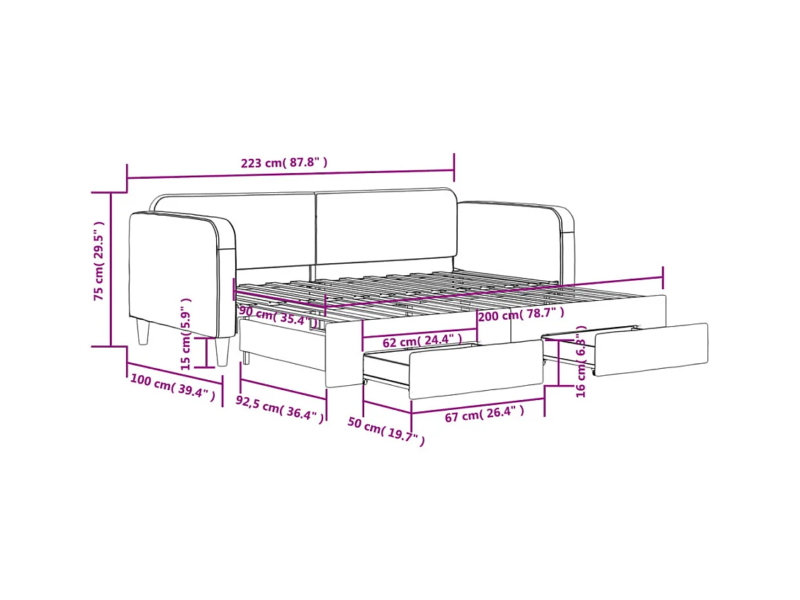 Lit de jour avec gigogne et tiroirs sans matelas taupe 90x200cm