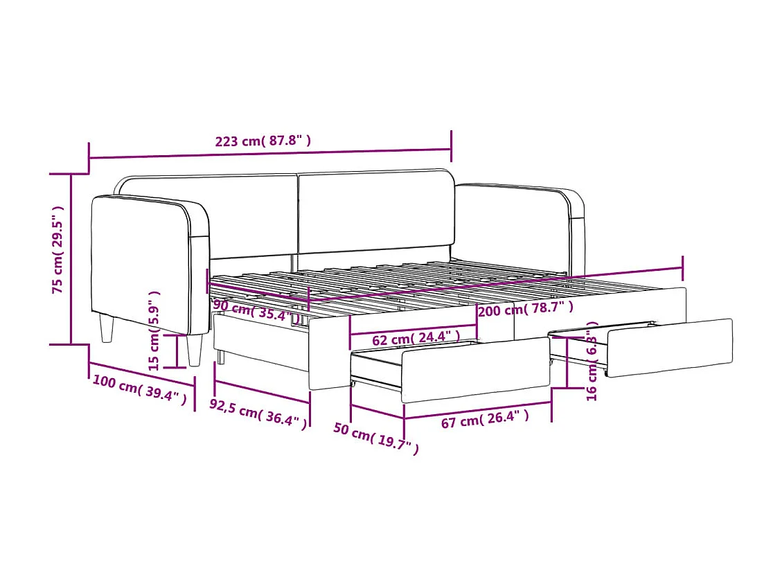 Lit de jour avec gigogne et tiroirs sans matelas taupe 90x200cm