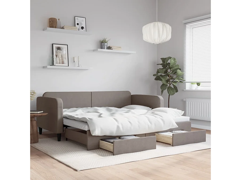 Tagesbett Ausziehbar mit Schubladen Taupe 90x200 cm Stoff