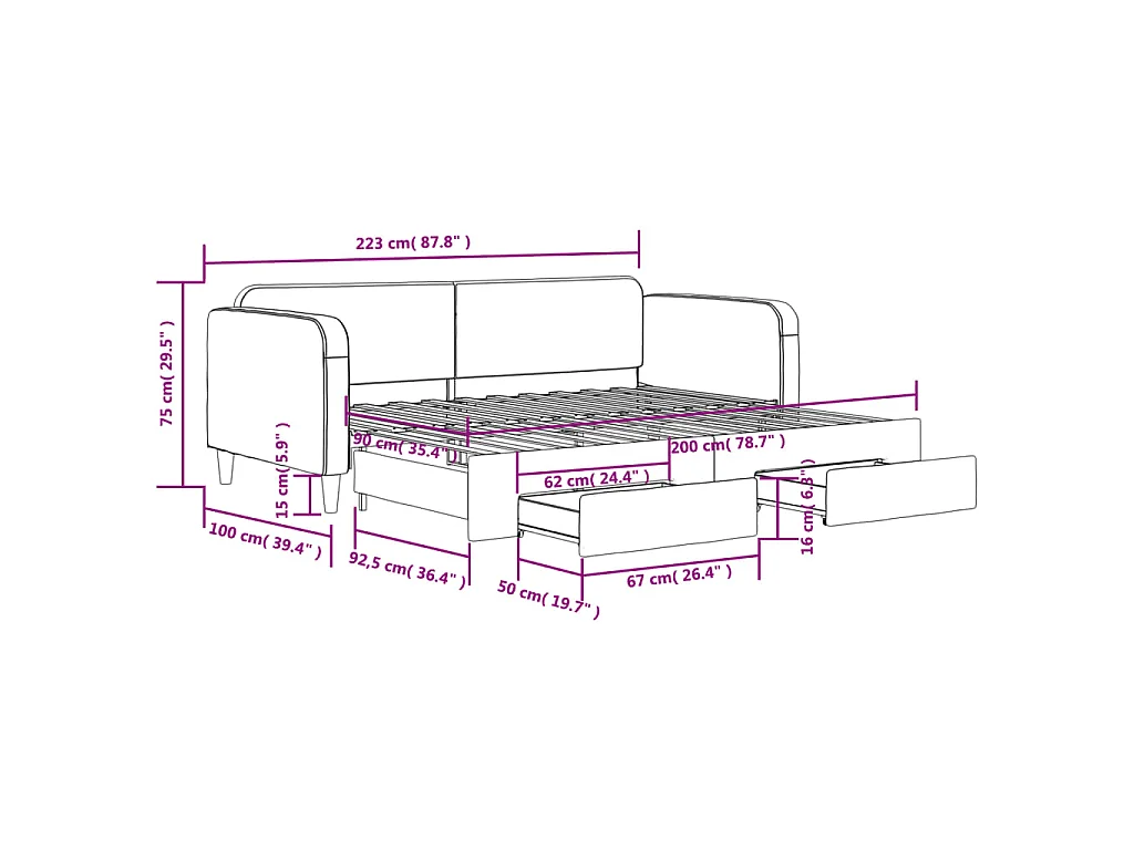 Tagesbett Ausziehbar mit Schubladen Taupe 90x200 cm Stoff