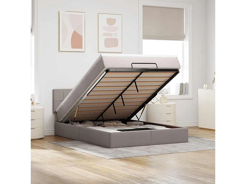 Ottomane Bett mit Matratze & LEDs Taupe 140x200 cm Stoff