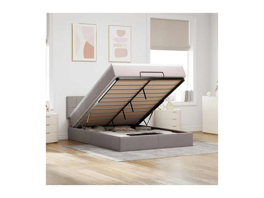 Pouf Letto con Materasso e LED Tortora 140x200 cm in Tessuto