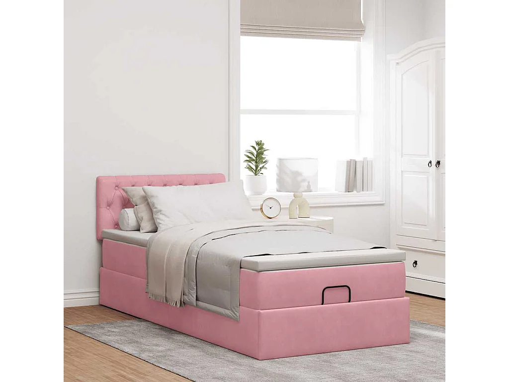 Cadre de lit ottoman avec matelas rose 90x190 cm velours