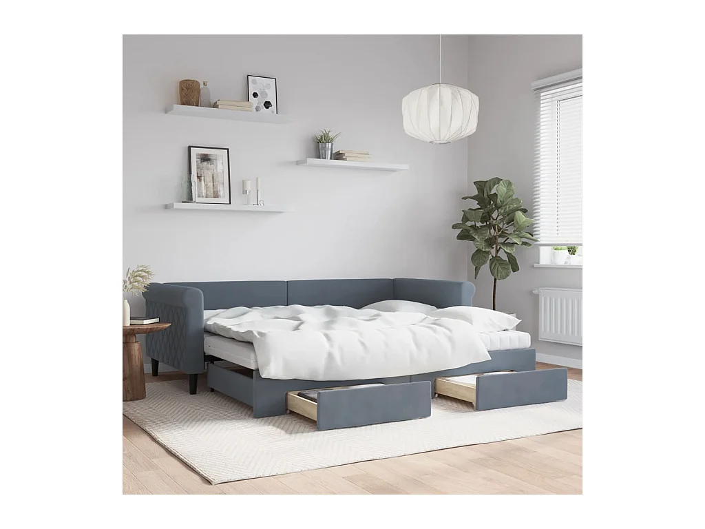 Lit de jour avec gigogne et tiroirs gris foncé 90x200cm velours