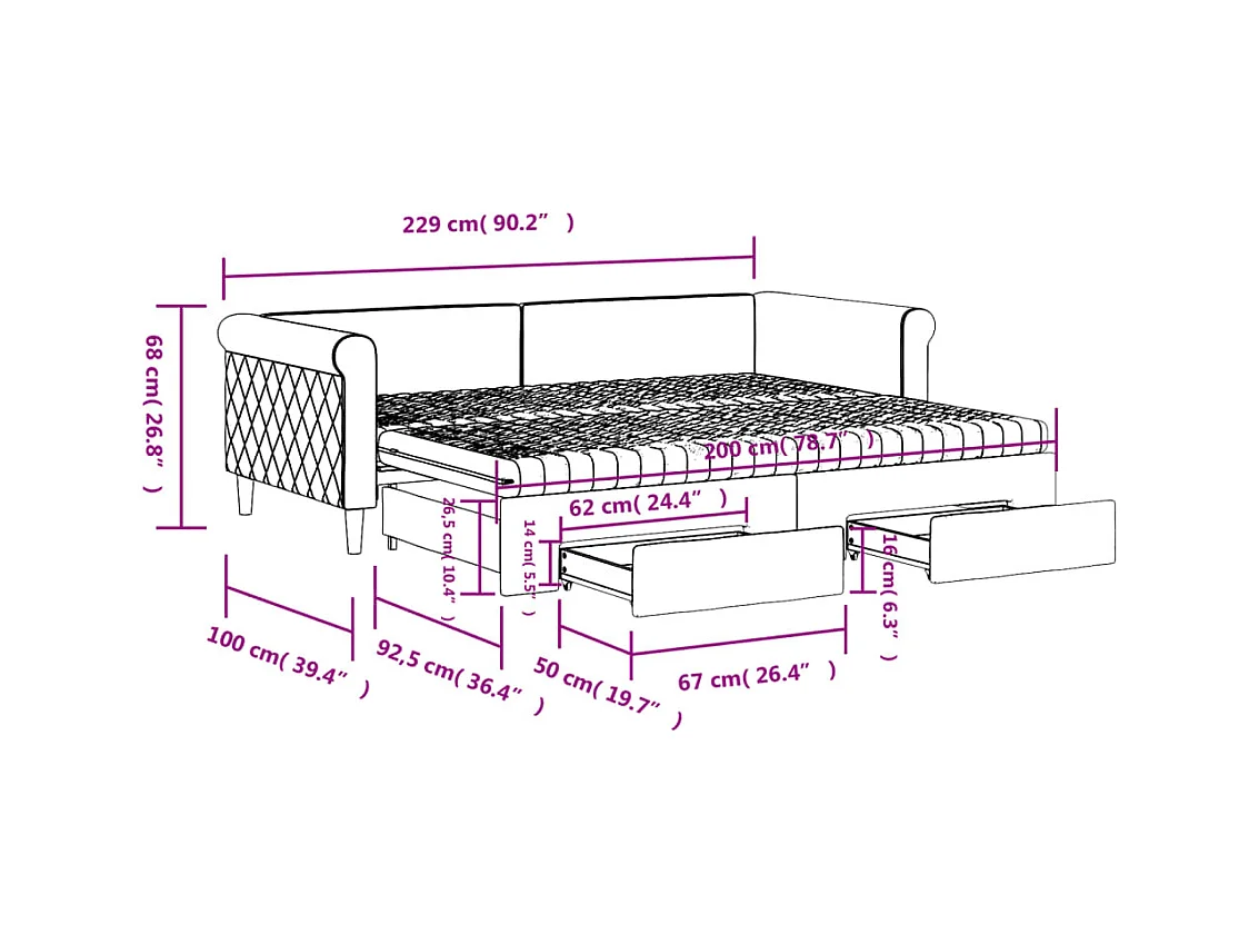 Lit de jour avec gigogne et tiroirs gris foncé 90x200cm velours