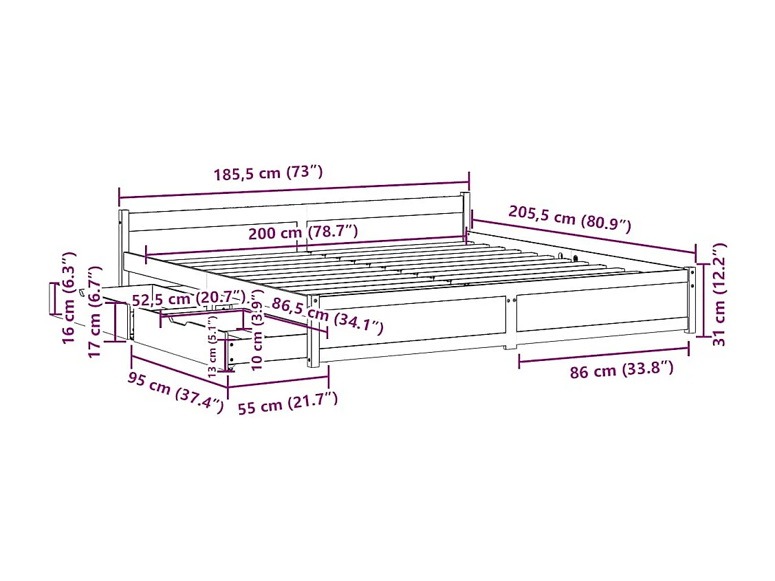 Cadre de lit sans matelas blanc 180x200 cm bois massif de pin