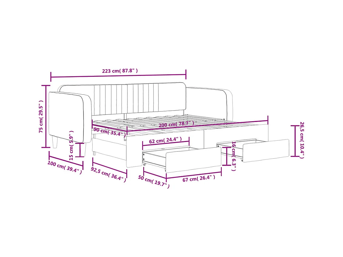 Divano Letto Estraibile Cassetti Grigio Scuro 90x200cm Velluto