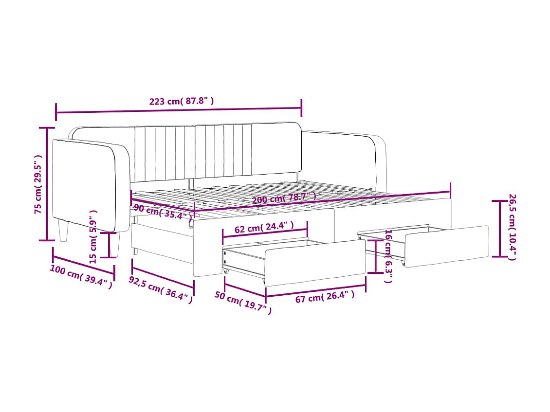 Tagesbett Ausziehbar mit Schubladen Dunkelgrau 90x200 cm Samt
