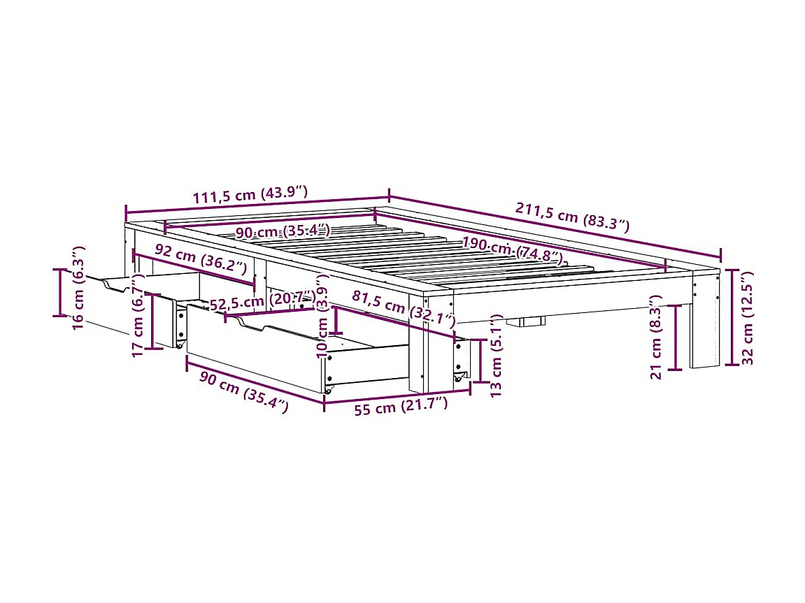 Cadre de lit sans matelas 90x190 cm bois de pin massif