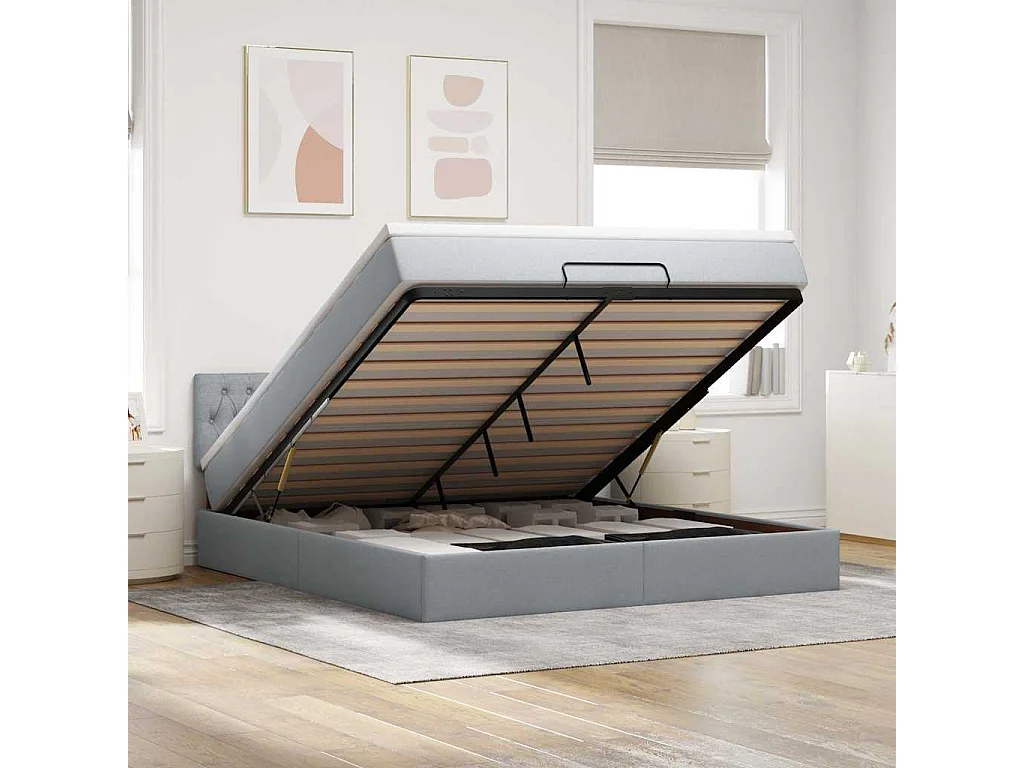 Ottomane Bett mit Matratze & LEDs Hellgrau 180x200 cm Stoff