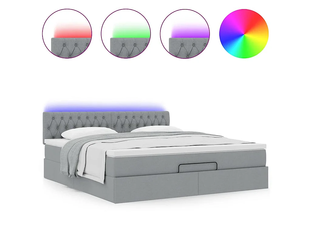 Ottomane Bett mit Matratze & LEDs Hellgrau 180x200 cm Stoff