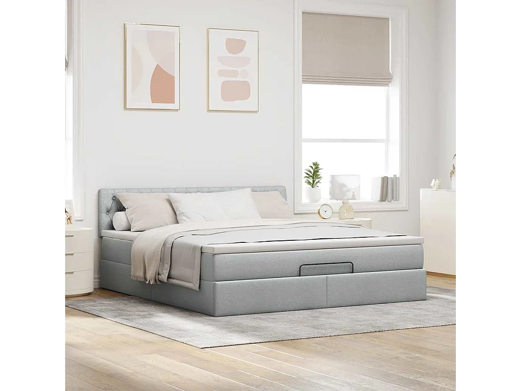 Ottomane Bett mit Matratze & LEDs Hellgrau 180x200 cm Stoff