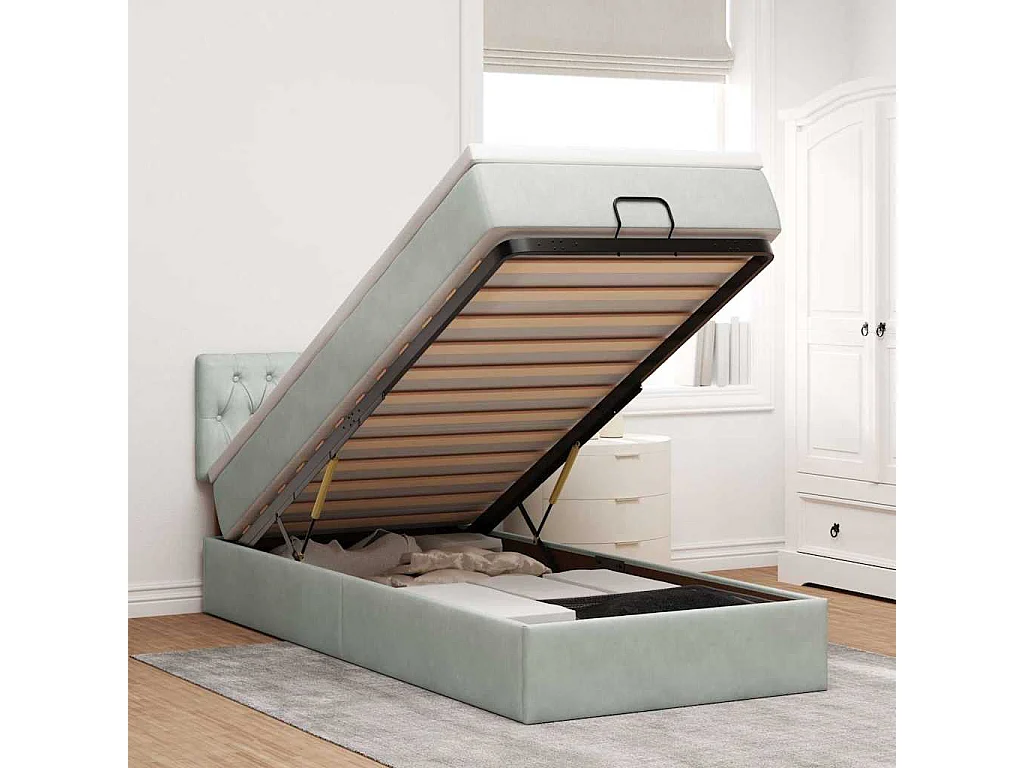 Cadre de lit ottoman et matelas gris clair 90x200 cm velours