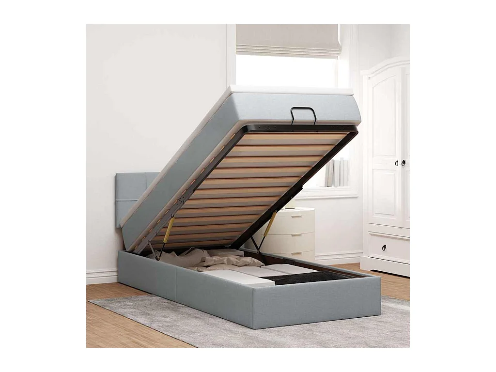 Ottoman-Bett mit Matratze & LEDs Hellgrau 90x190 cm Stoff