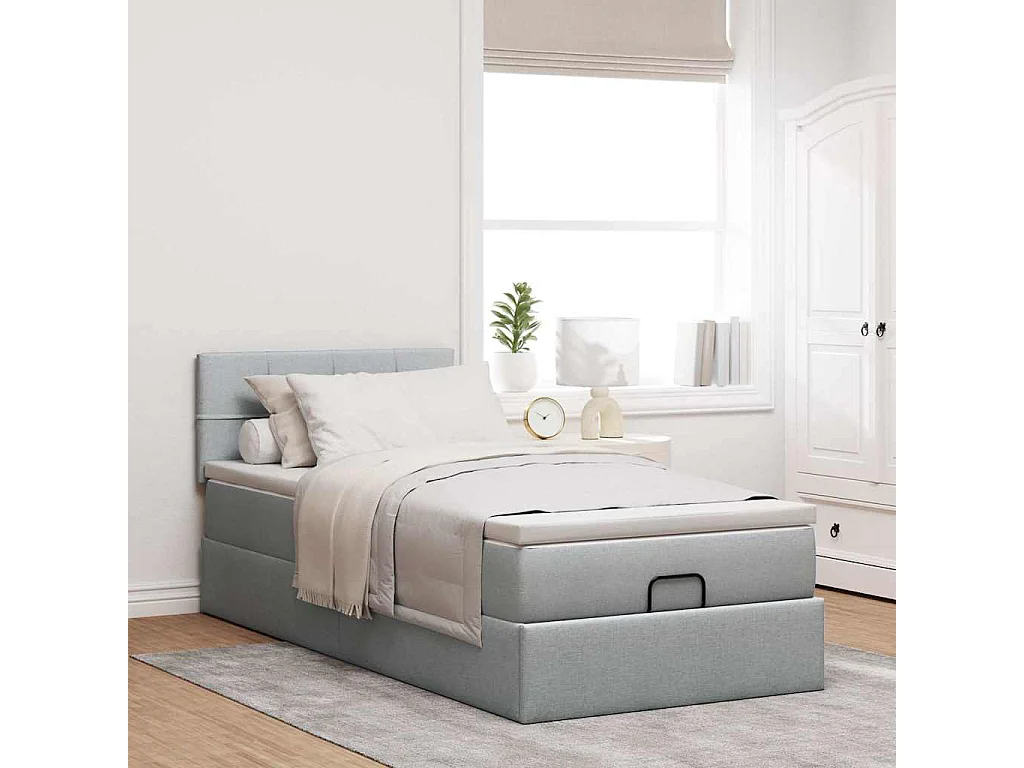 Cadre de lit ottoman et matelas gris clair 90x190 cm tissu