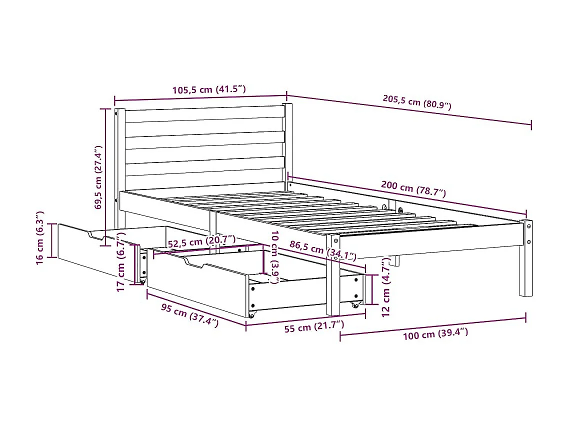 Massivholzbett ohne Matratze 100x200 cm Kiefernholz