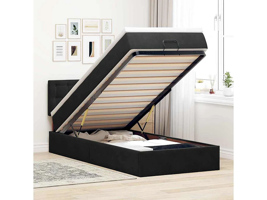 Ottoman-Bett mit Matratze & LEDs Schwarz 90x190 cm Samt