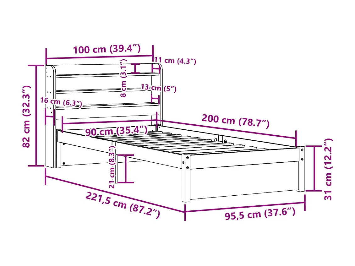 Bedframe met hoofdbord massief grenenhout 90x200 cm