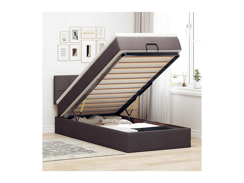 Lit ottoman avec matelas marron foncé 90x200 cm tissu