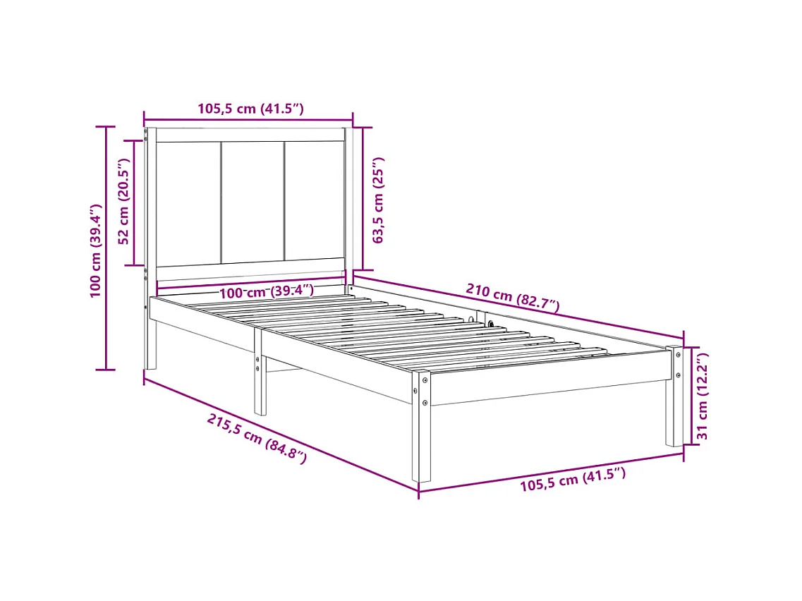Cadre de lit extra long sans matelas 100x210 cm bois massif