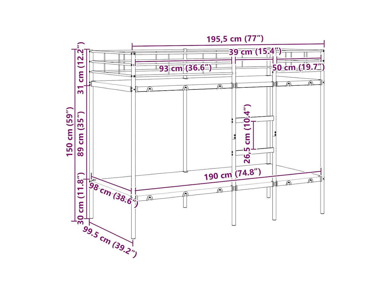 Stapelbed zonder matras 100x190 cm staal wit