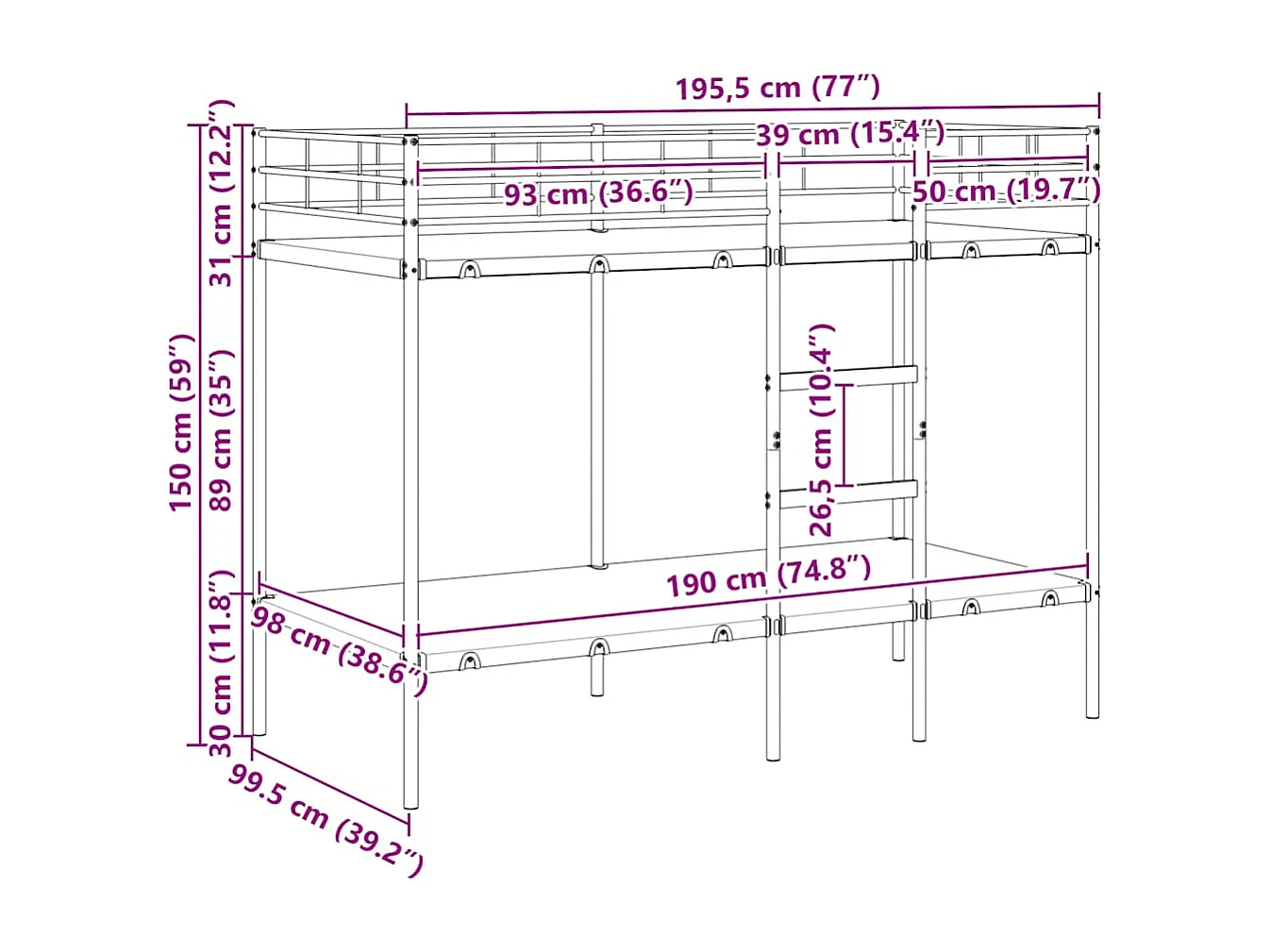 Beliche sem colchão 100x190 cm aço branco
