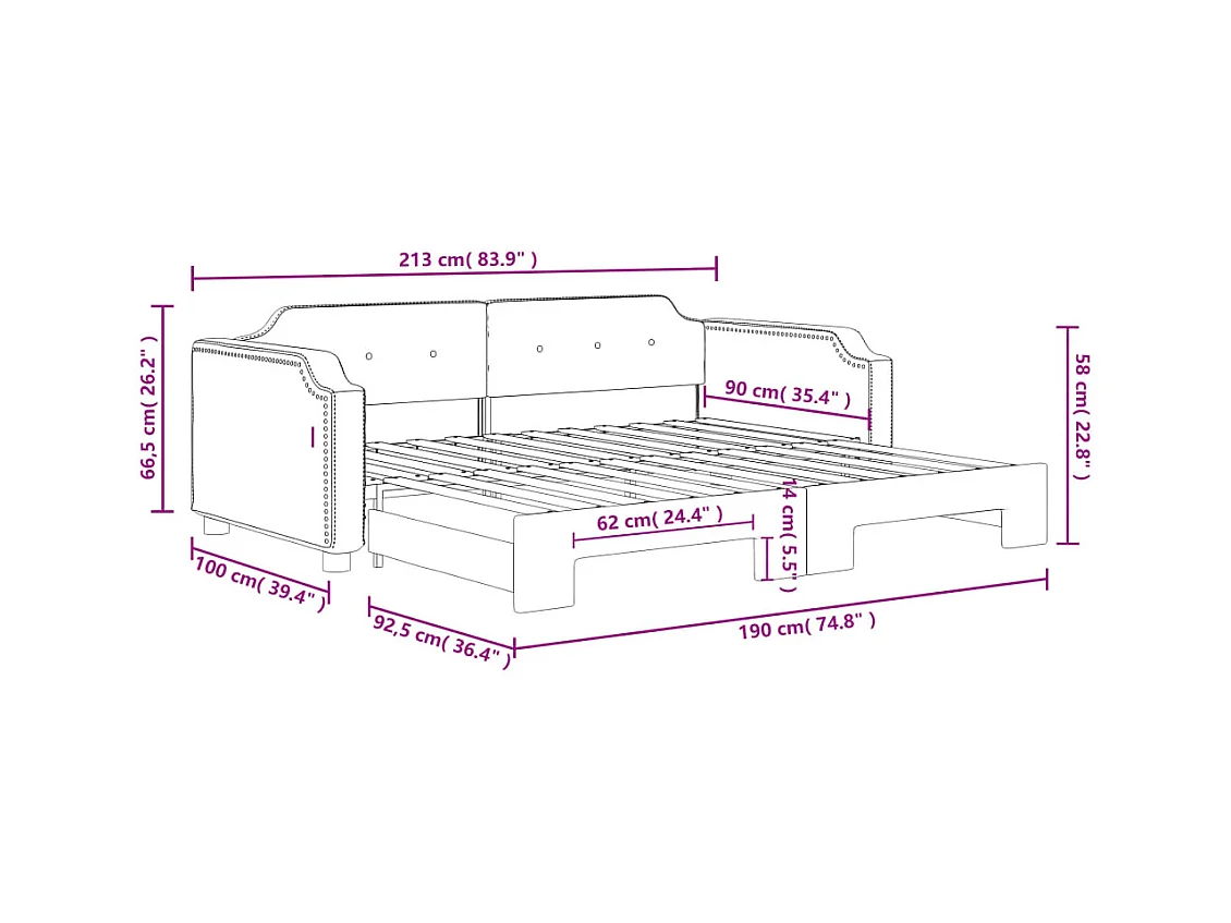 Lit de jour avec lit gigogne noir 90x190 cm tissu