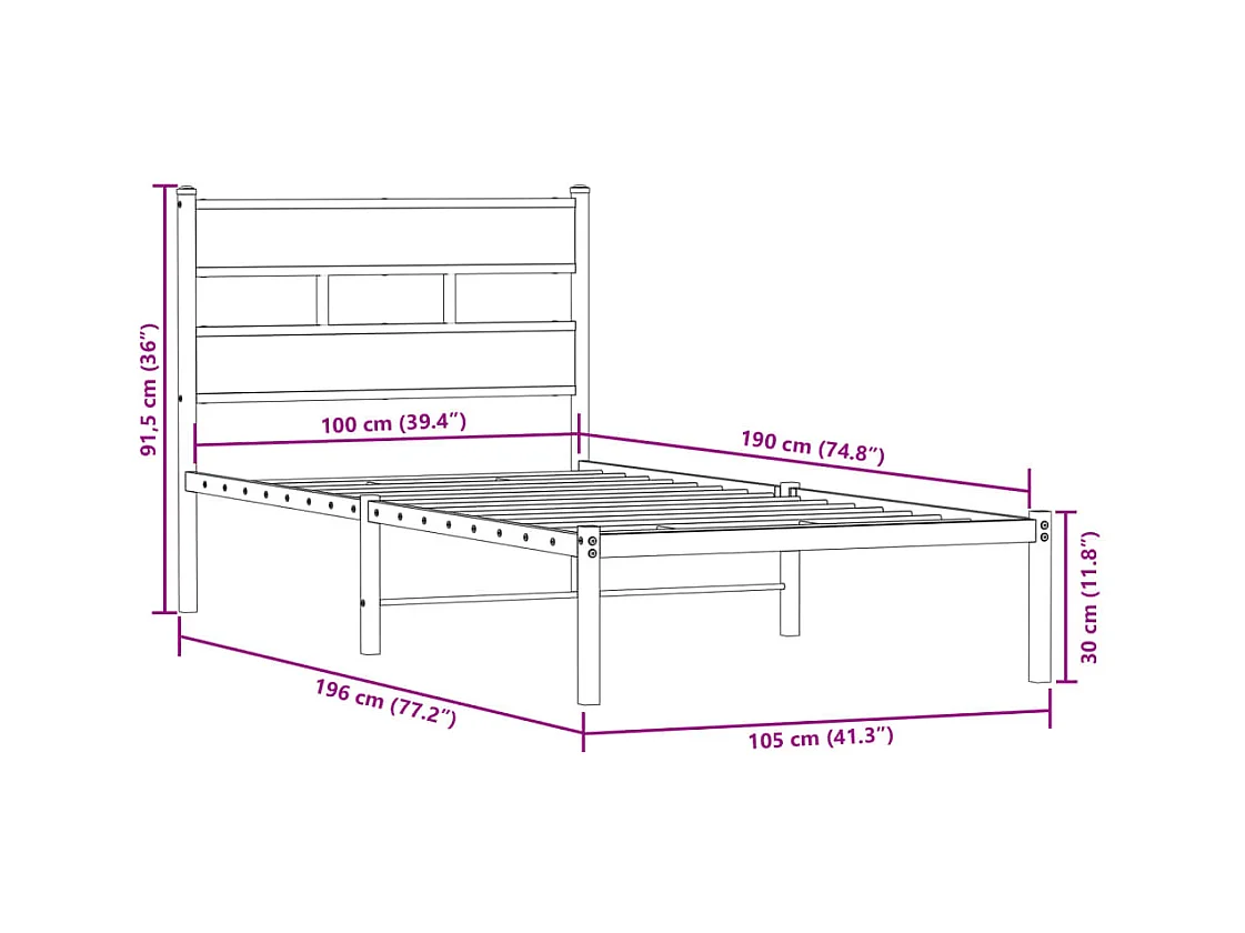 Cadre de lit en métal sans matelas chêne fumé 100x190 cm
