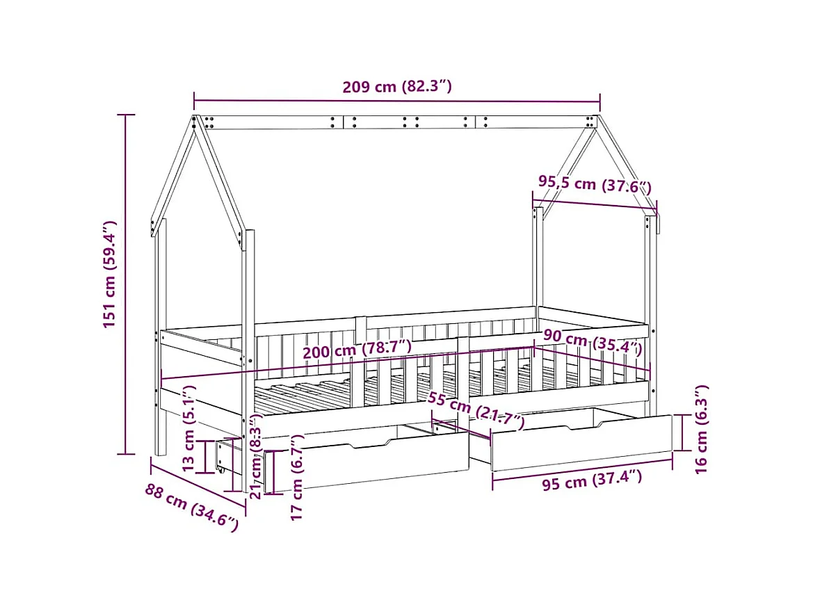 Cadre de lit enfants avec tiroirs sans matelas 90x200 cm bois