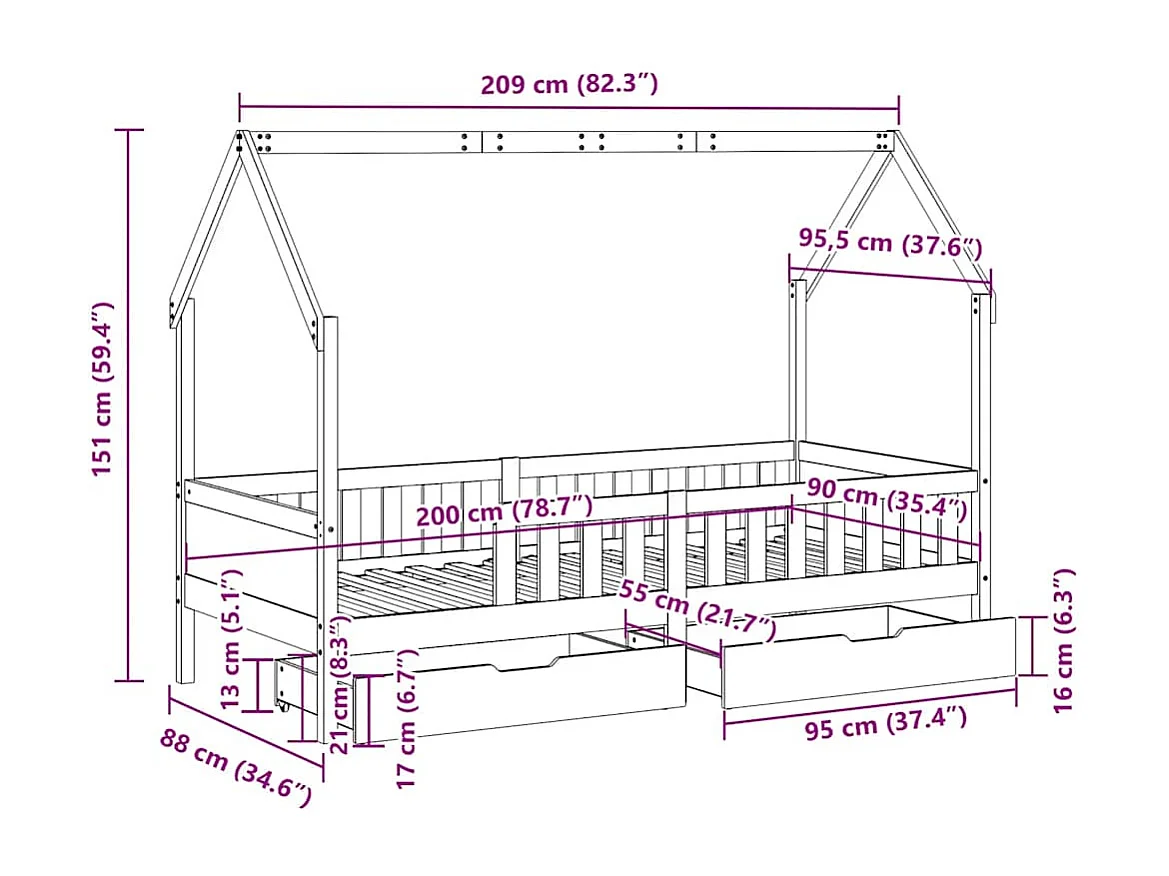 Kinderbett mit Schubladen 90x200 cm Massivholz Kiefer