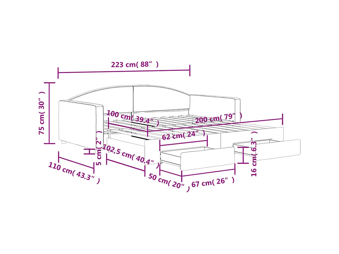 Lit de jour avec gigogne et tiroirs sans matelas noir 100x200cm