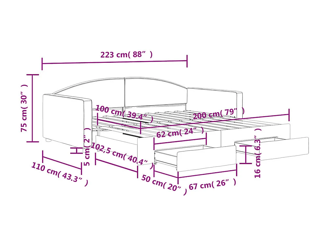 Tagesbett Ausziehbar mit Schubladen Schwarz 100x200 cm Stoff