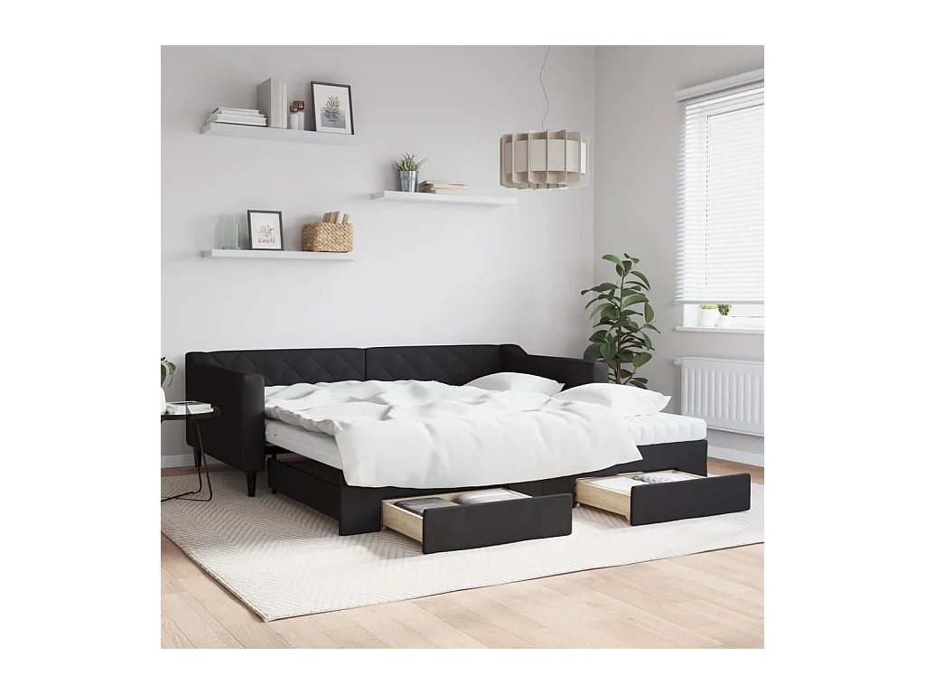 Tagesbett Ausziehbar mit Schubladen Schwarz 100x200 cm Stoff