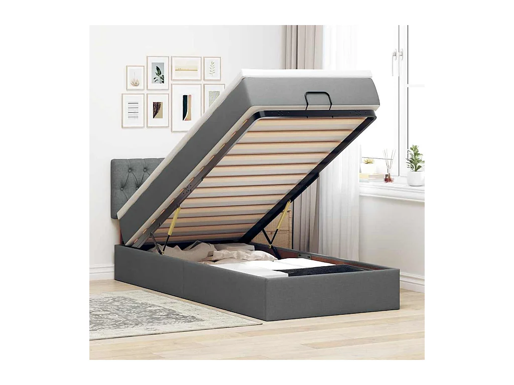 Cadre de lit ottoman avec matelas gris foncé 90x190 cm tissu
