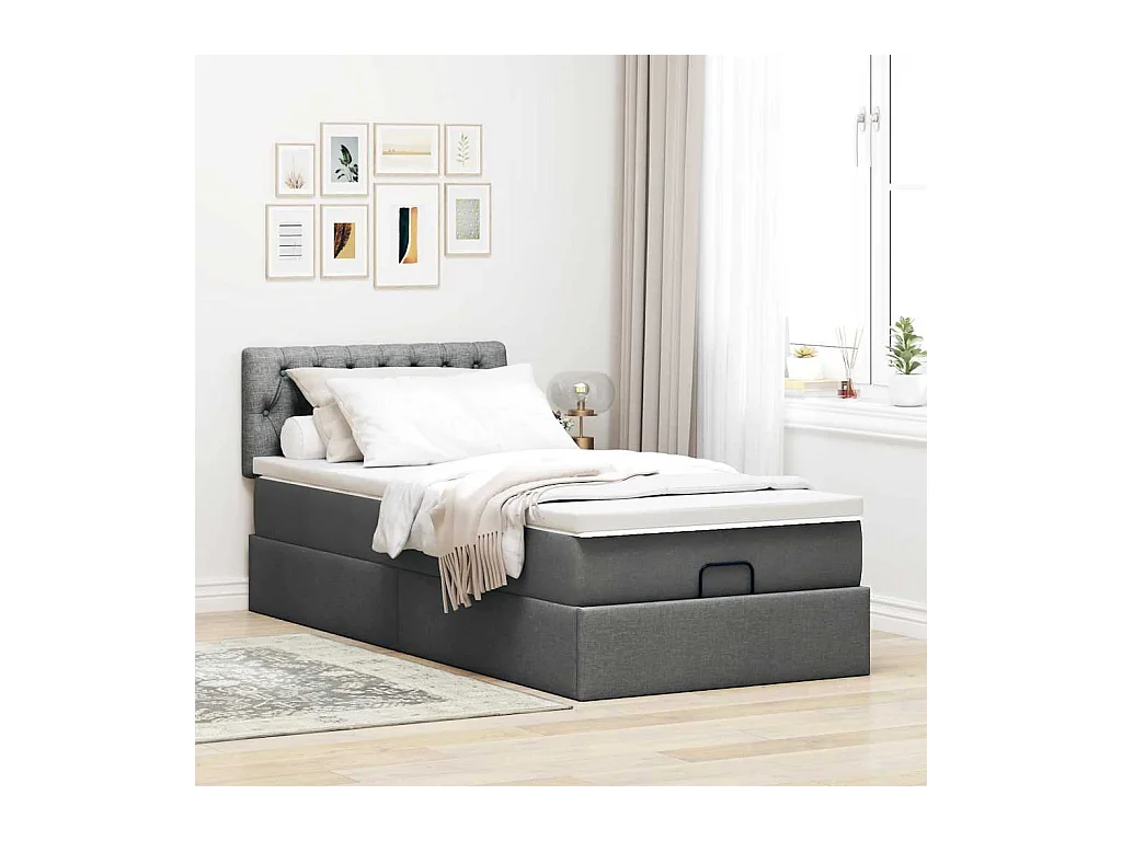 Cadre de lit ottoman avec matelas gris foncé 90x190 cm tissu