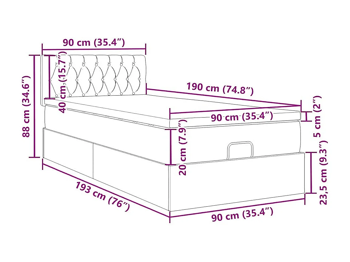 Estrutura cama otomana colchão 90x190 cm tecido cinzento escuro