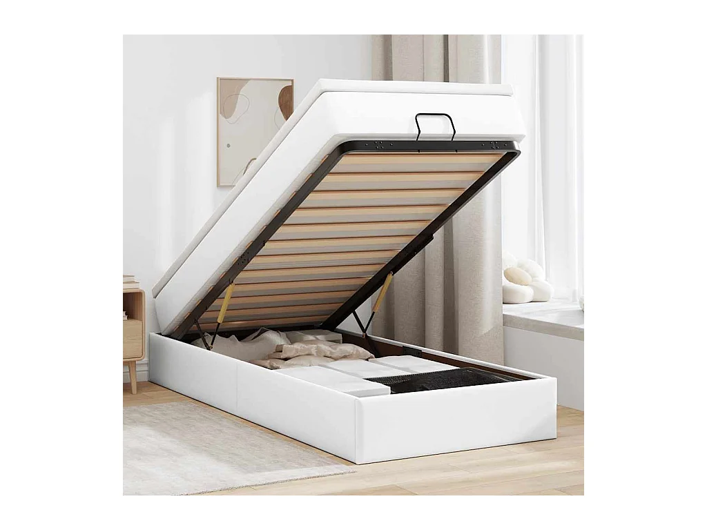 Cadre de lit ottoman avec matelas blanc 100x200 cm similicuir
