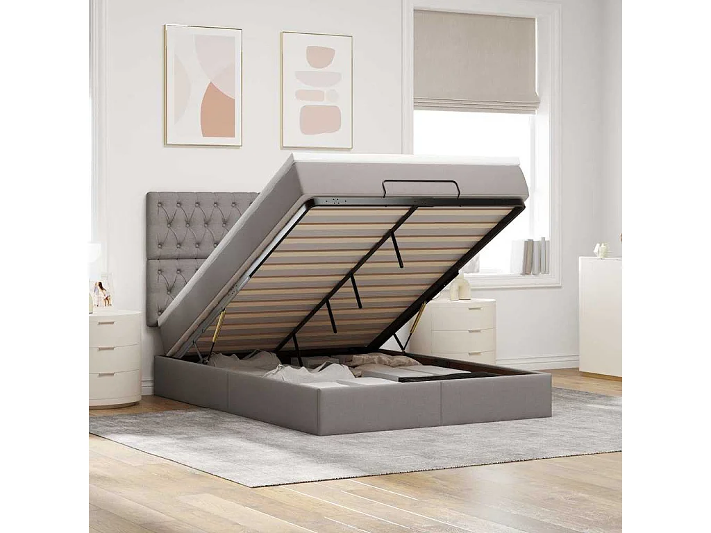 Cadre de lit ottoman avec matelas taupe 140x200 cm tissu