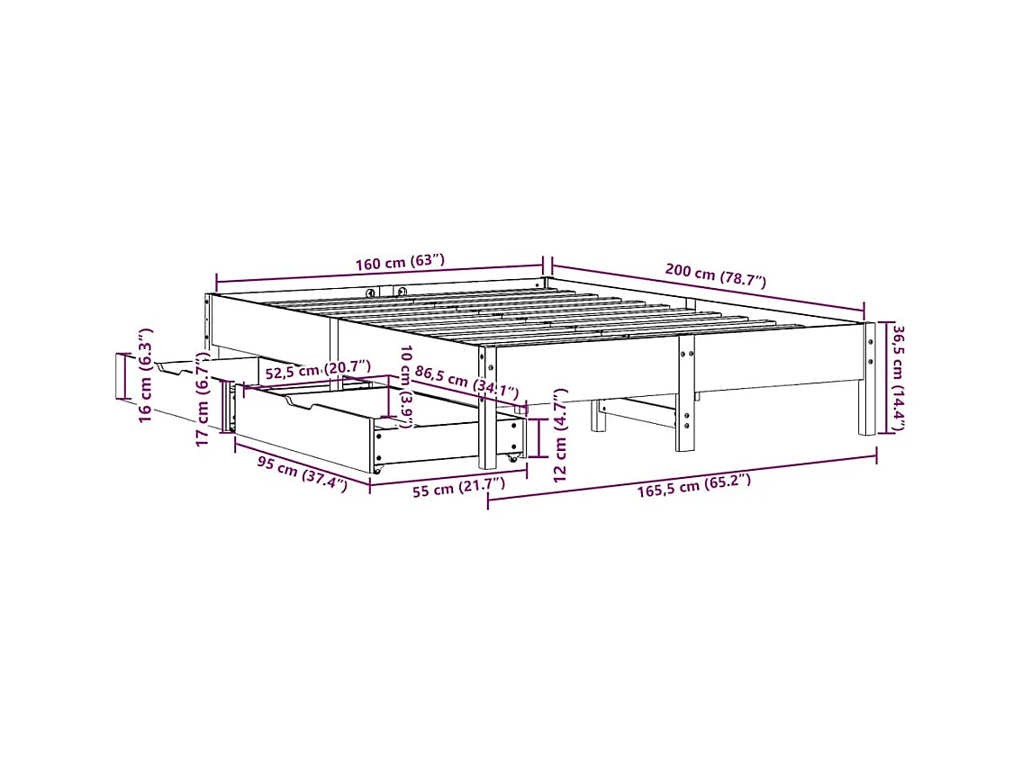 Cadre de lit sans matelas 160x200 cm bois massif de pin