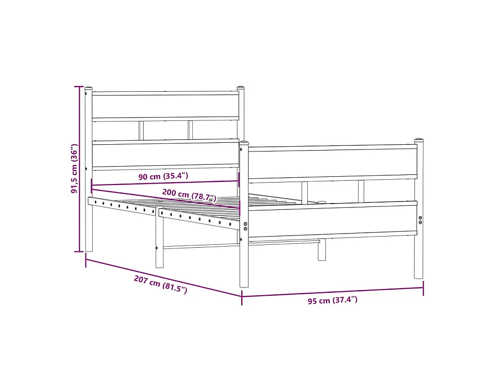 Cadre de lit en métal sans matelas chêne sonoma 90x200 cm