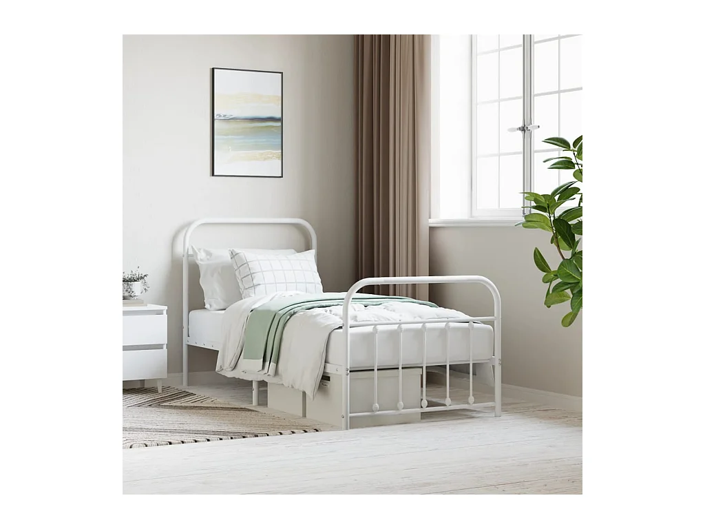 Cadre de lit métal sans matelas avec pied de lit blanc 90x190cm