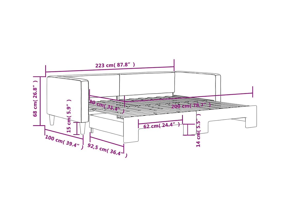 Lit de jour avec gigogne sans matelas taupe 90x200 cm