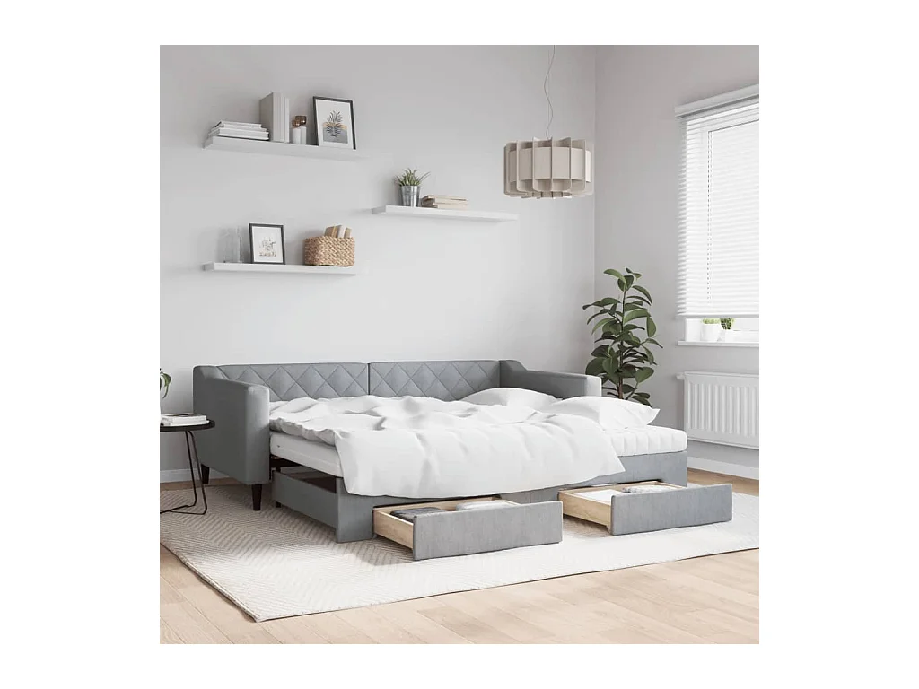 Tagesbett Ausziehbar mit Schubladen Hellgrau 90x190 cm Stoff