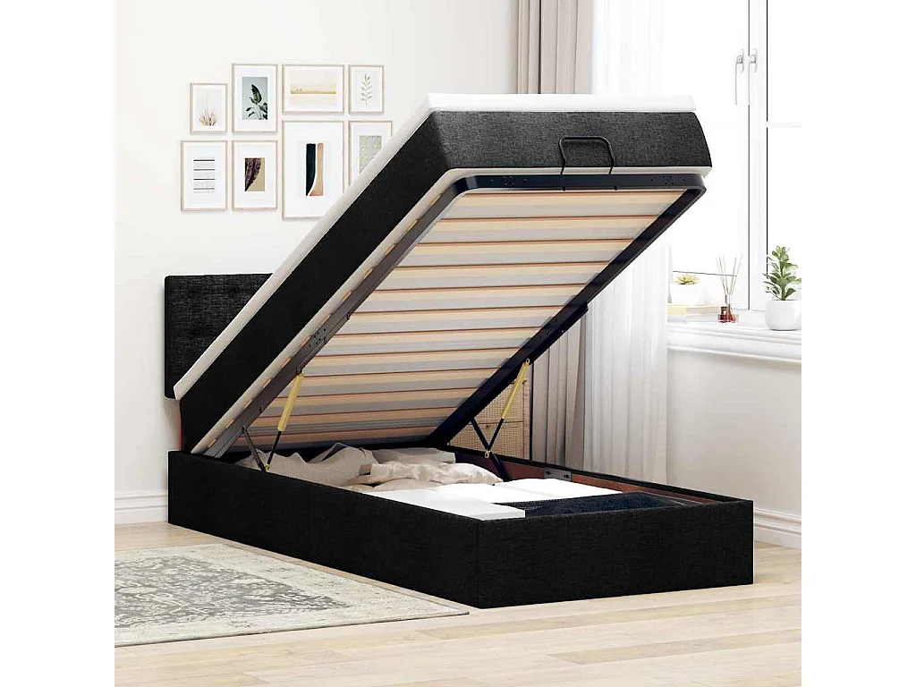 Ottoman-Bett mit Matratze & LEDs Schwarz 90x190 cm Stoff