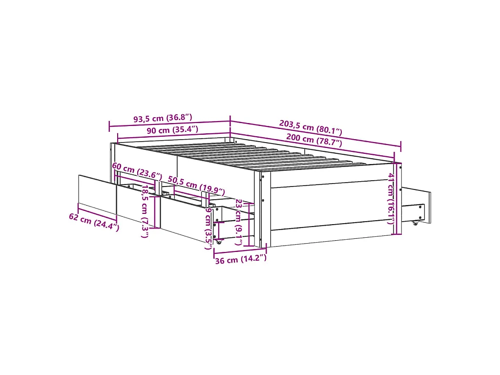 Cadre de lit sans matelas avec tiroirs 90x200 cm bois de pin