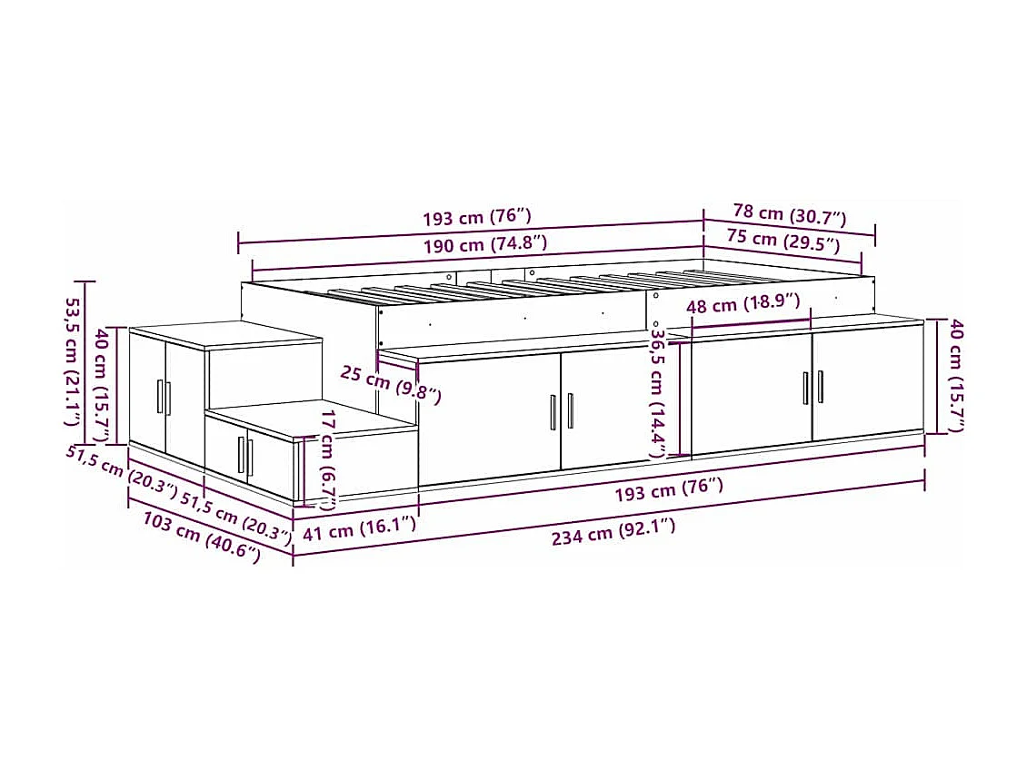 Cama con almacenamiento Roble artesanal 75 cm