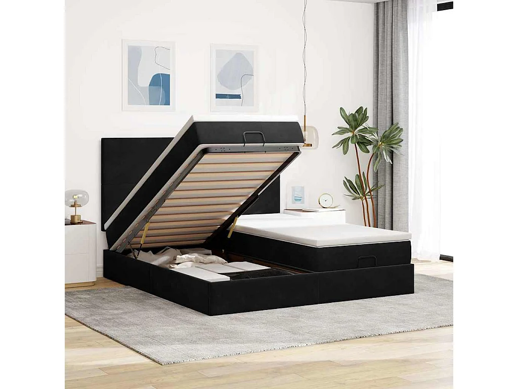 Struttura Letto Pouf con Materassi Nero 180x200 cm in Velluto