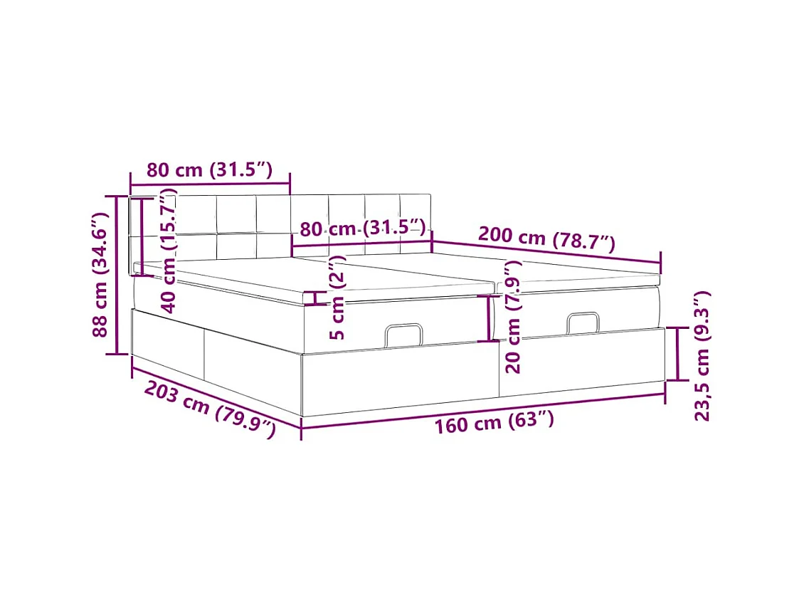 Cadre de lit ottoman et matelas gris clair 160x200cm tissu