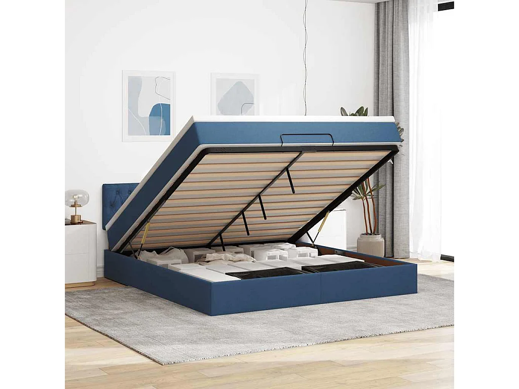 Estructura de cama otomana con colchón tela azul 180x200cm